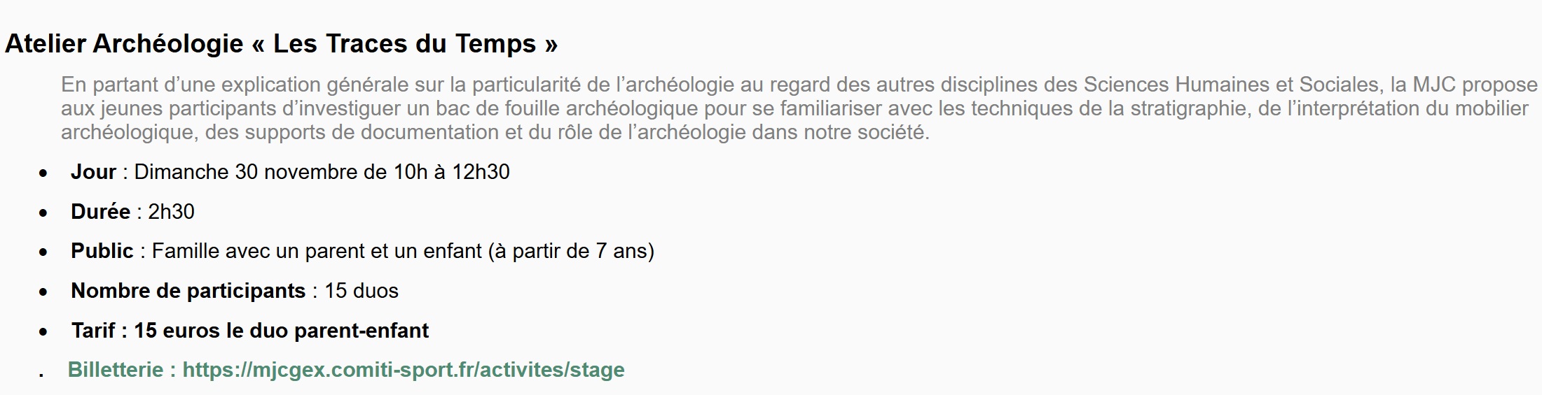 Atelier Traces du Temps MJC GEX Week end Famille